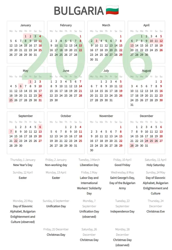 Work Calendar 2026, Bulgaria - Public Holidays