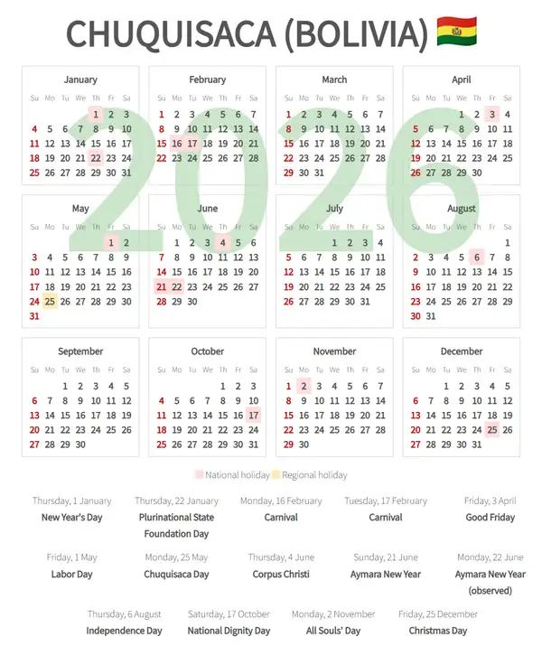 Work Calendar 2026, Chuquisaca (Bolivia)