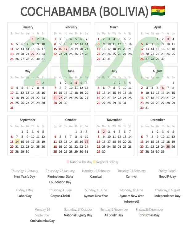 Work Calendar 2026, Cochabamba (Bolivia)