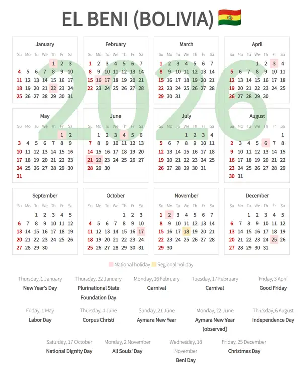 Work Calendar 2026, El beni (Bolivia)