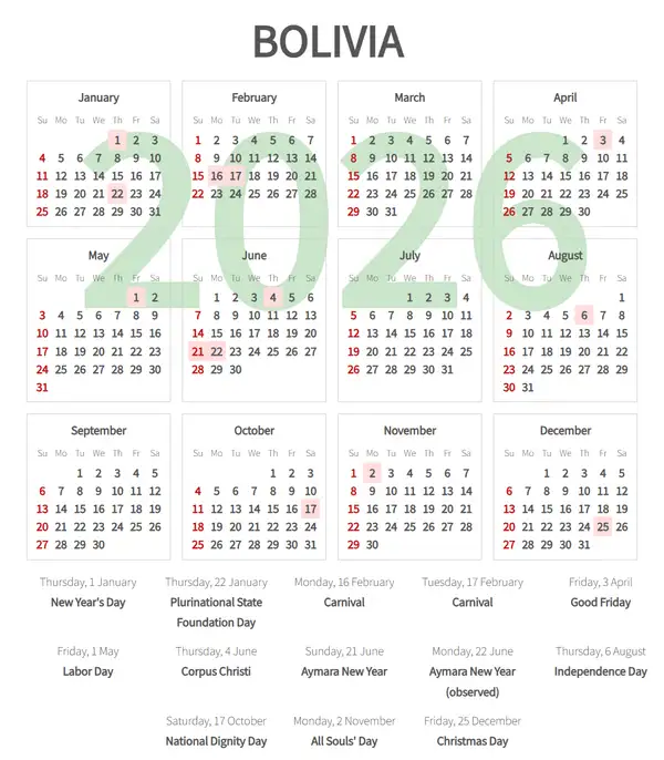 Work Calendar 2026, Bolivia - Public Holidays