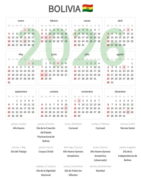 Calendario Laboral 2026 de Bolivia