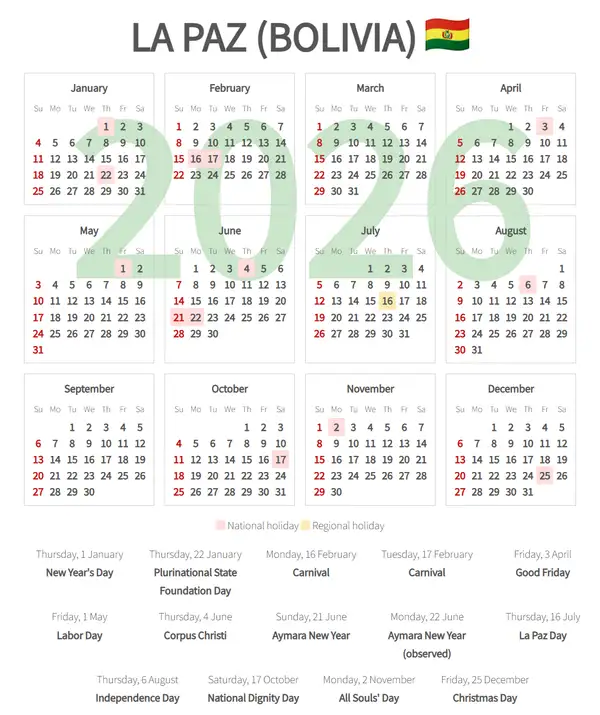 Work Calendar 2026, La paz (Bolivia)