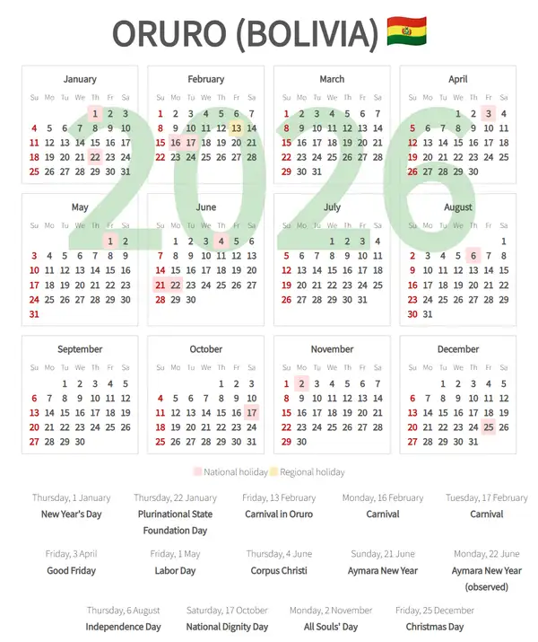 Work Calendar 2026, Oruro (Bolivia)