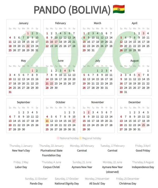Work Calendar 2026, Pando (Bolivia)