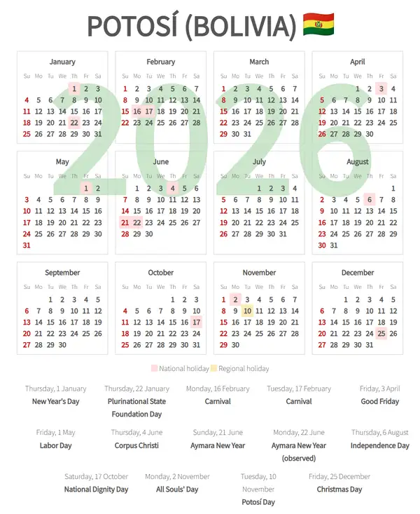 Work Calendar 2026, Potosí (Bolivia)