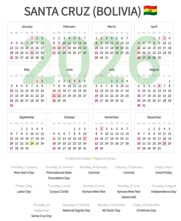 Work Calendar 2026, Santa cruz (Bolivia)