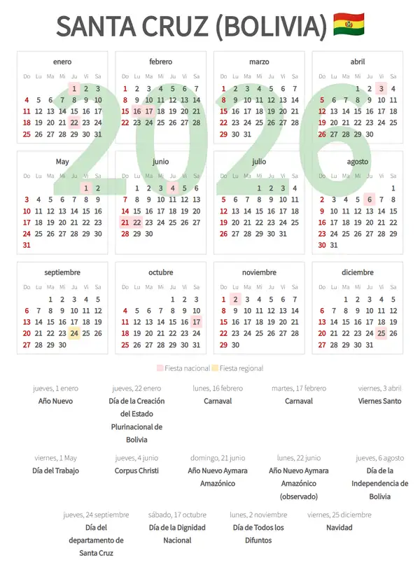 Calendario Laboral 2026, Santa cruz (Bolivia)