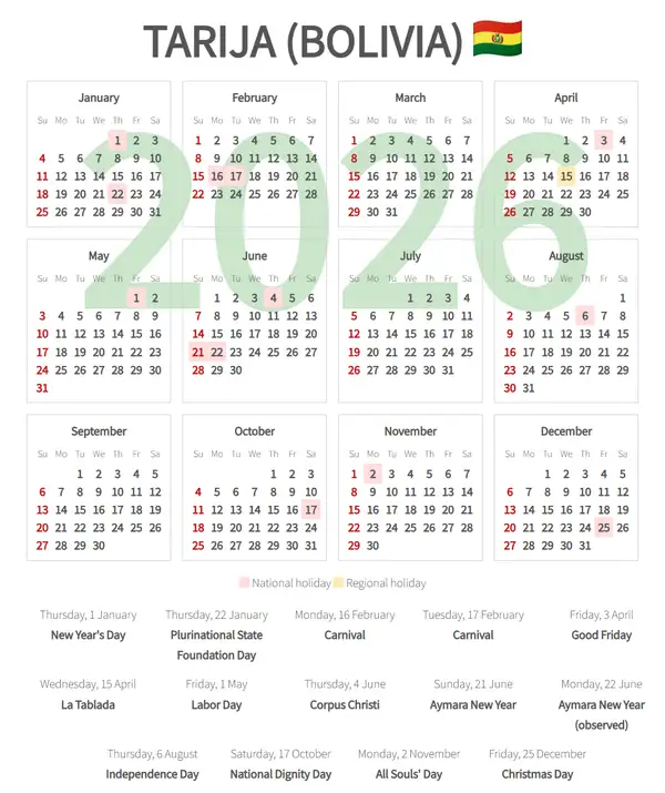 Work Calendar 2026, Tarija (Bolivia)