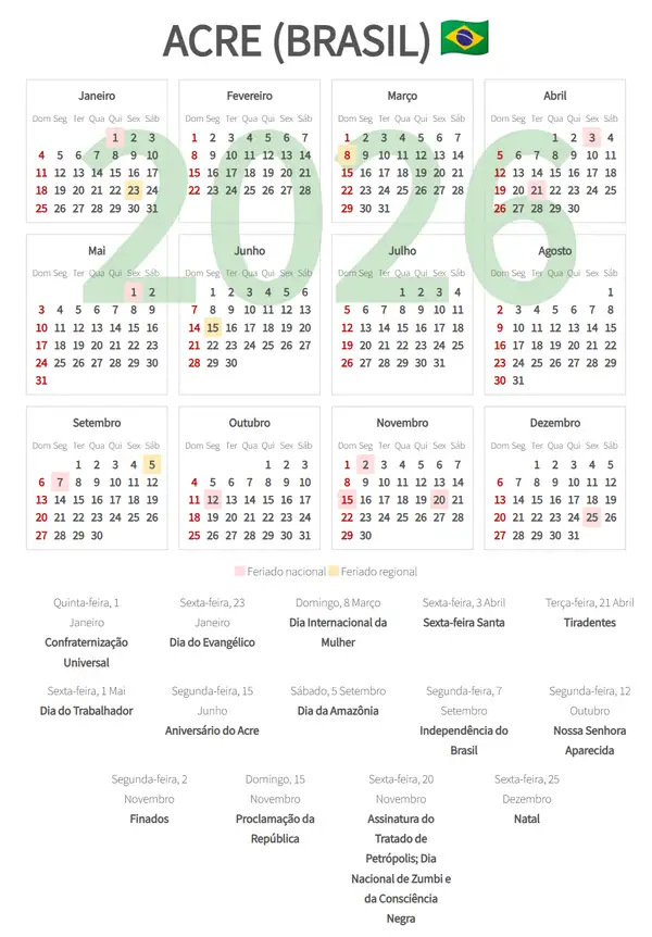 Calendário Laboral 2026, Acre (Brasil)