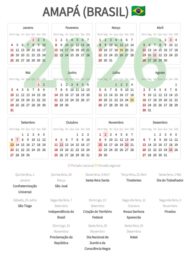Calendário Laboral 2026, Amapá (Brasil)