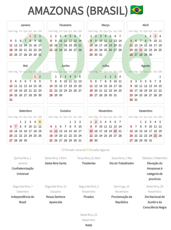 Calendário Laboral 2026, Amazonas (Brasil)