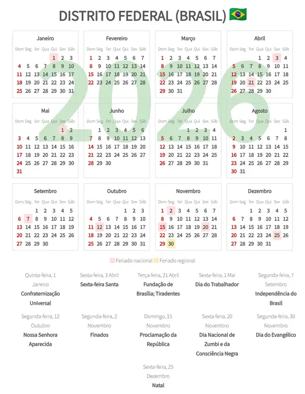 Calendário Laboral 2026, Distrito federal (Brasil)