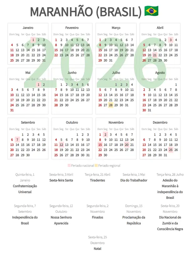 Calendário Laboral 2026, Maranhão (Brasil)