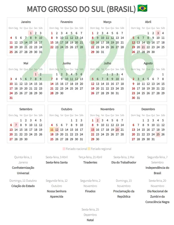 Calendário Laboral 2026, Mato grosso do sul (Brasil)