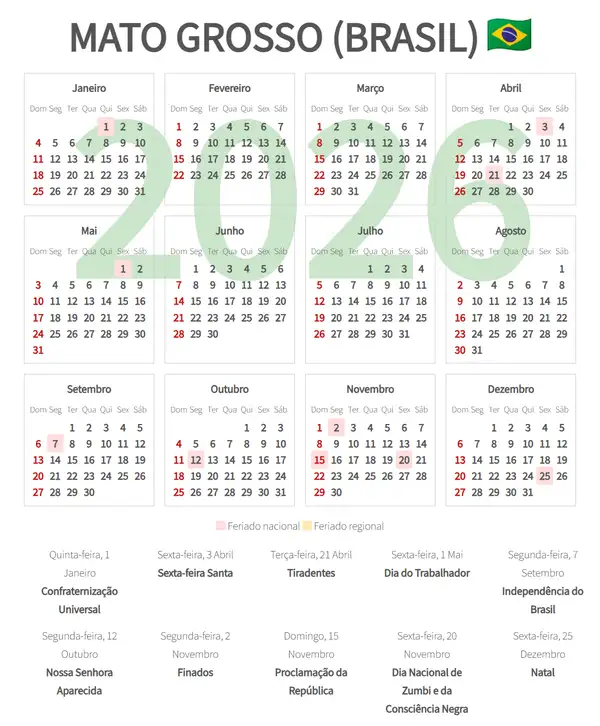 Calendário Laboral 2026, Mato grosso (Brasil)