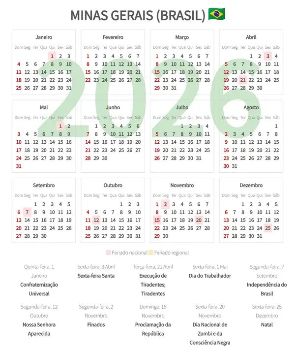 Calendário Laboral 2026, Minas gerais (Brasil)