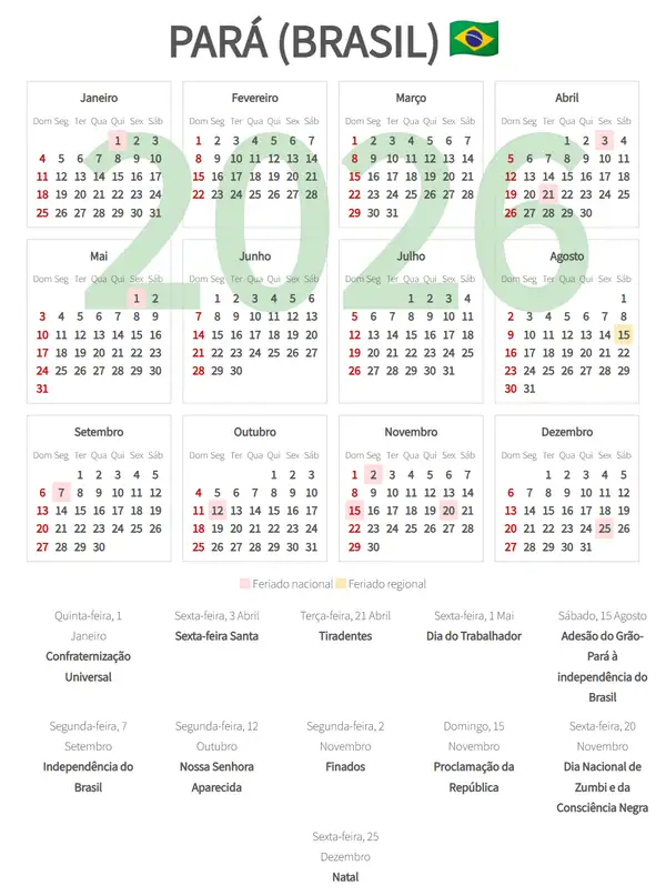 Calendário Laboral 2026, Pará (Brasil)
