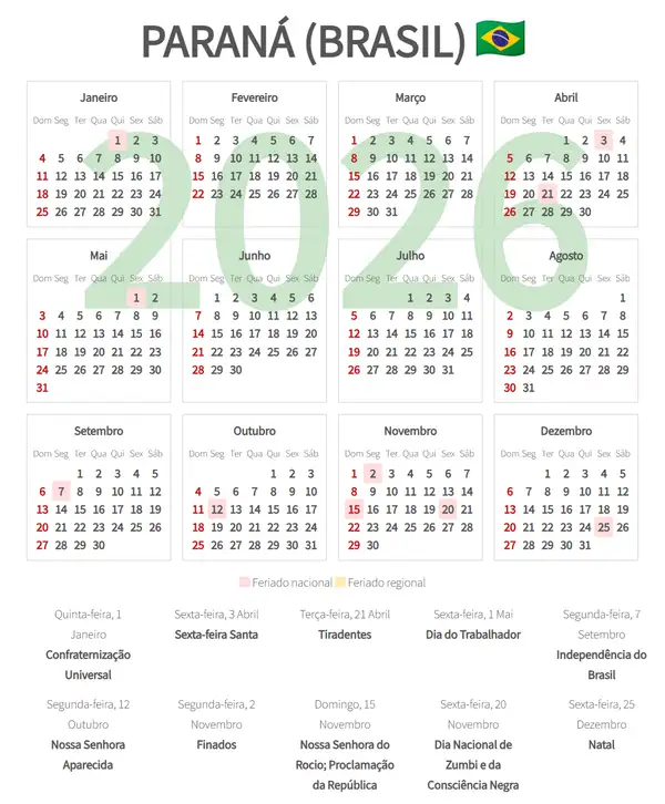 Calendário Laboral 2026, Paraná (Brasil)
