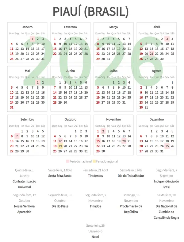 Calendário Laboral 2026, Piauí (Brasil)