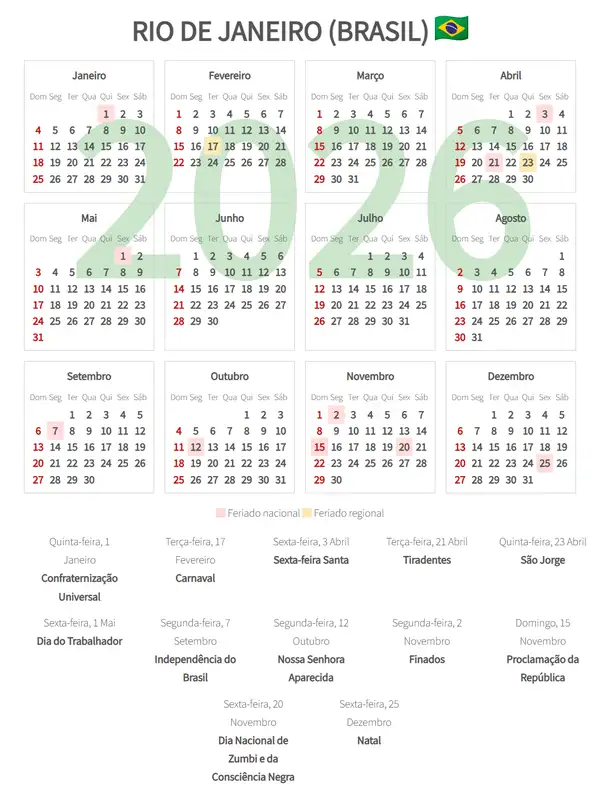 Calendário Laboral 2026, Rio de janeiro (Brasil)