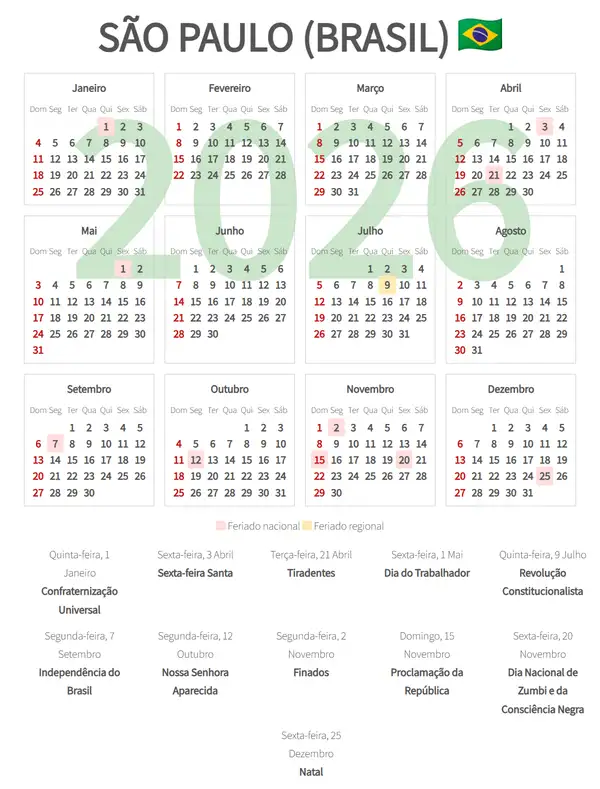 Calendário Laboral 2026, São paulo (Brasil)