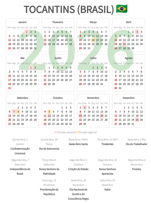 Calendário Laboral 2026, Tocantins (Brasil)