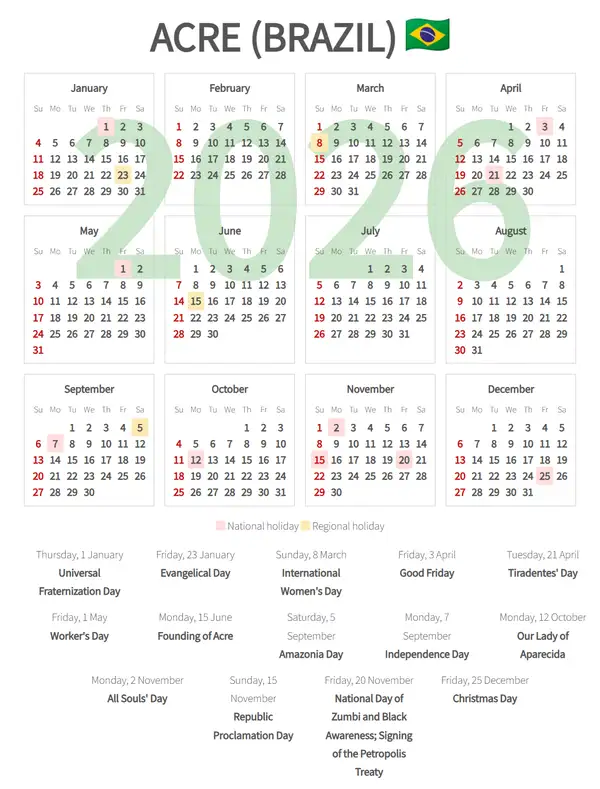 Work Calendar 2026, Acre (Brazil)