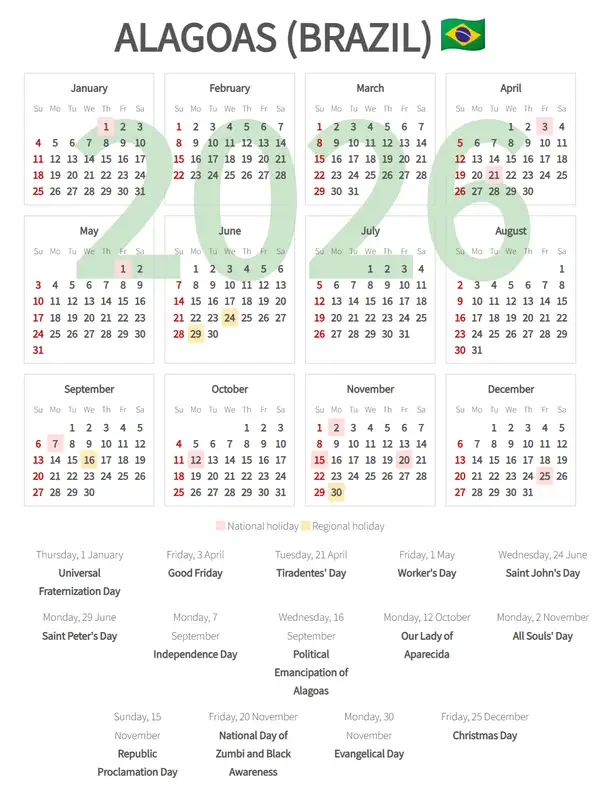 Work Calendar 2026, Alagoas (Brazil)