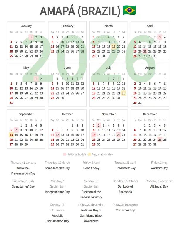 Work Calendar 2026, Amapá (Brazil)