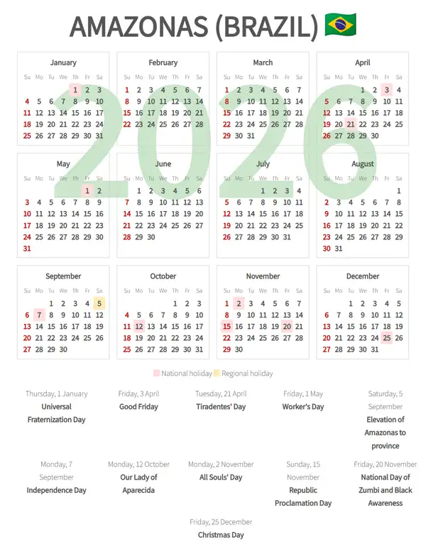 Work Calendar 2026, Amazonas (Brazil)