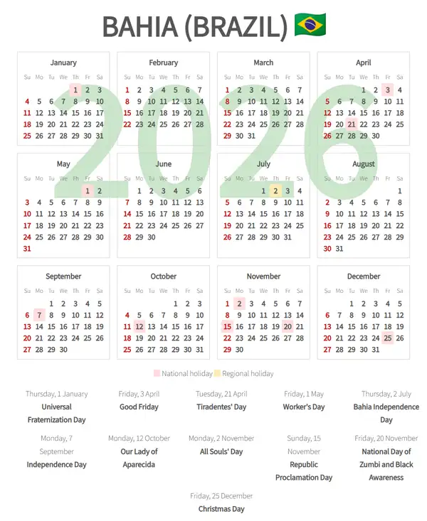 Work Calendar 2026, Bahia (Brazil)