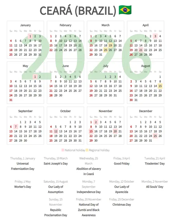 Work Calendar 2026, Ceará (Brazil)