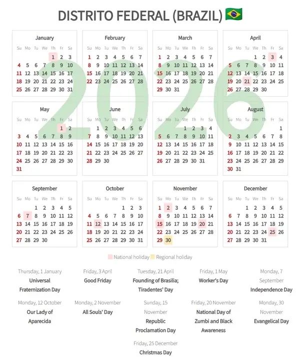 Work Calendar 2026, Distrito federal (Brazil)