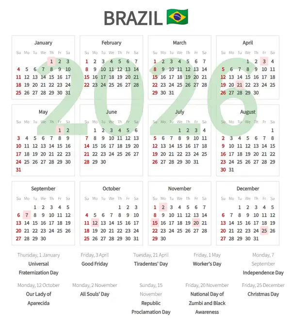 Work Calendar 2026, Brazil - Public Holidays
