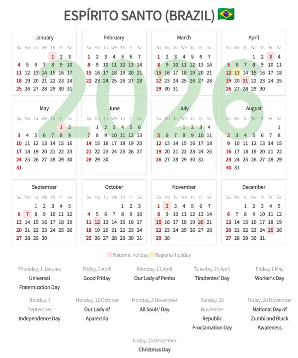 Work Calendar 2026, Espírito santo (Brazil)