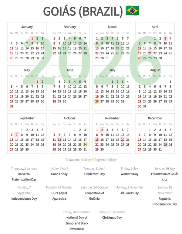 Work Calendar 2026, Goiás (Brazil)