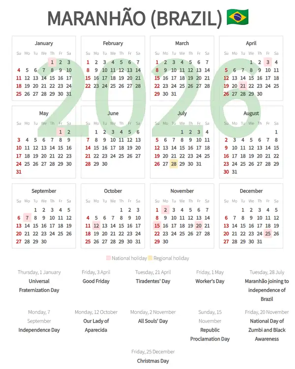 Work Calendar 2026, Maranhão (Brazil)