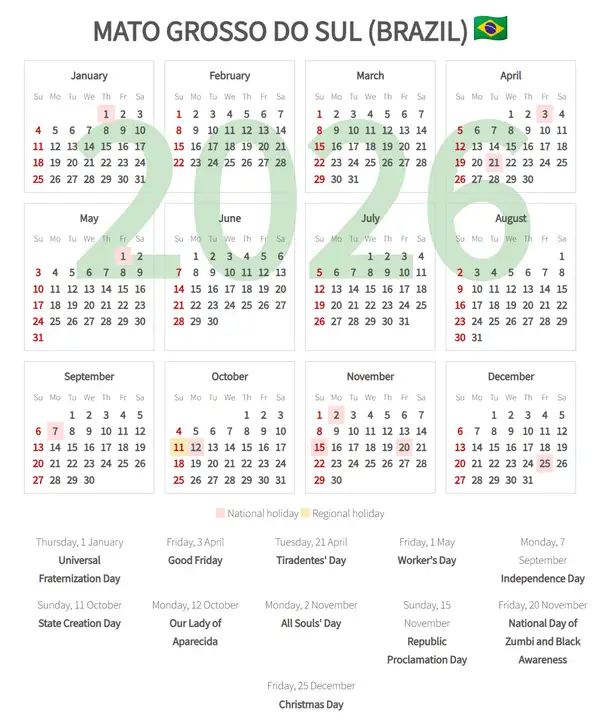 Work Calendar 2026, Mato grosso do sul (Brazil)
