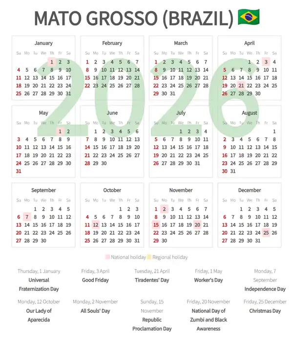 Work Calendar 2026, Mato grosso (Brazil)
