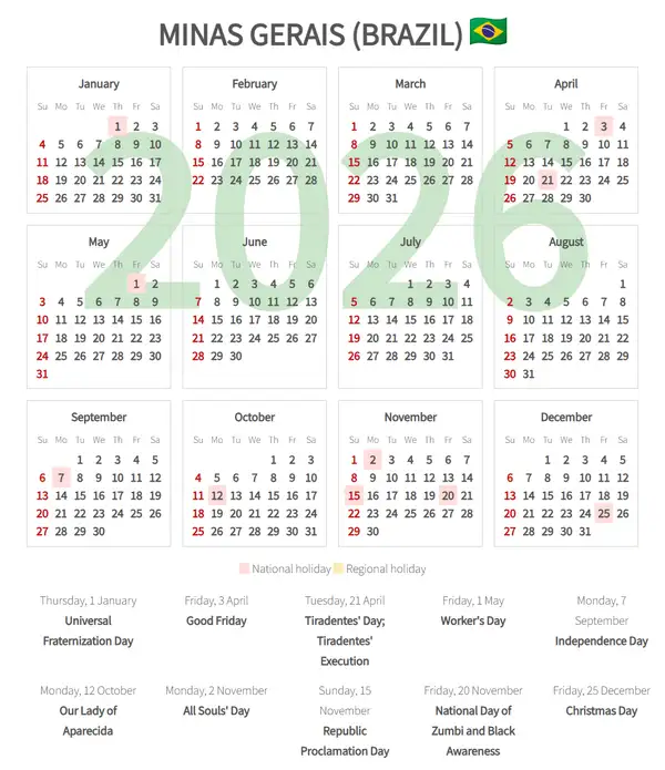 Work Calendar 2026, Minas gerais (Brazil)