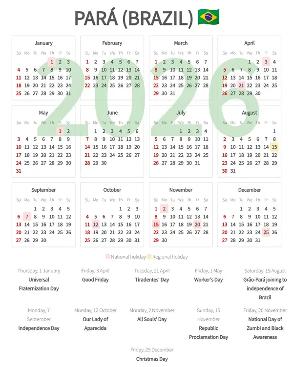 Work Calendar 2026, Pará (Brazil)