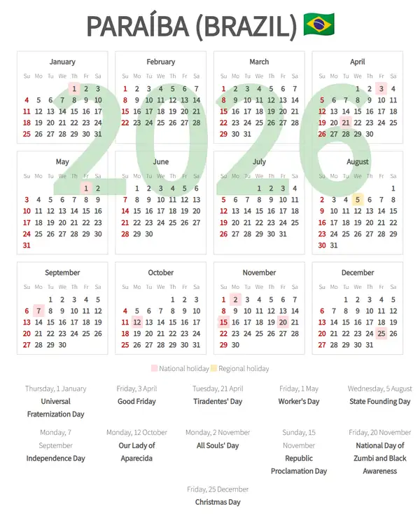 Work Calendar 2026, Paraíba (Brazil)
