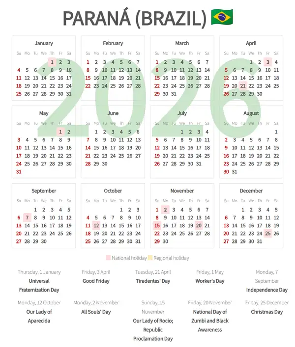 Work Calendar 2026, Paraná (Brazil)