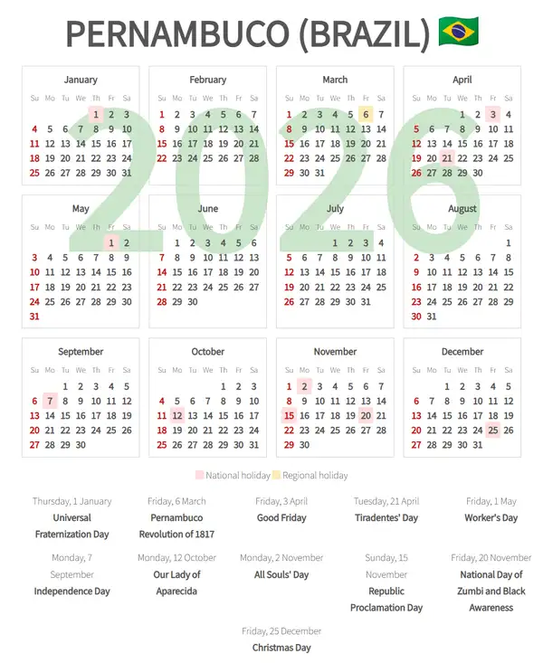 Work Calendar 2026, Pernambuco (Brazil)