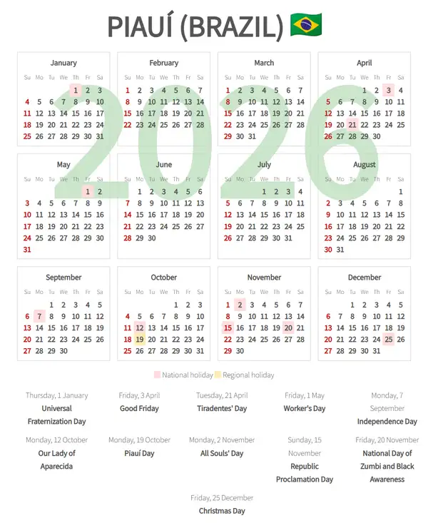Work Calendar 2026, Piauí (Brazil)
