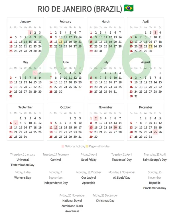 Work Calendar 2026, Rio de janeiro (Brazil)