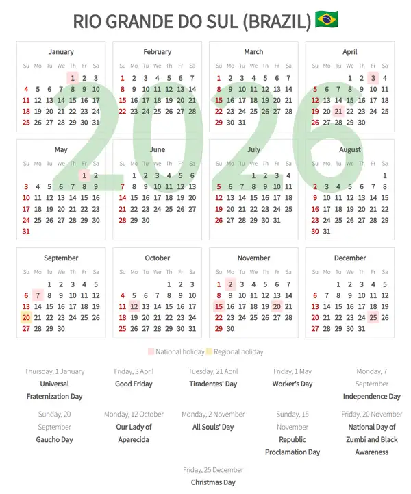 Work Calendar 2026, Rio grande do sul (Brazil)
