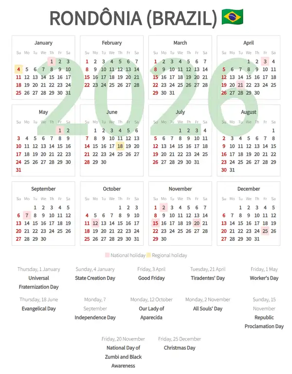 Work Calendar 2026, Rondônia (Brazil)