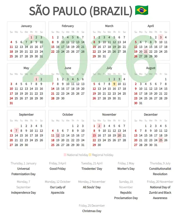 Work Calendar 2026, São paulo (Brazil)